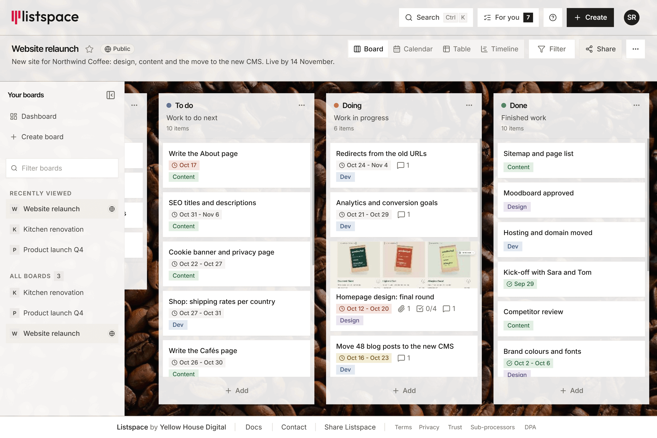 A Listspace board for a website relaunch, with lists for to do, doing and done
