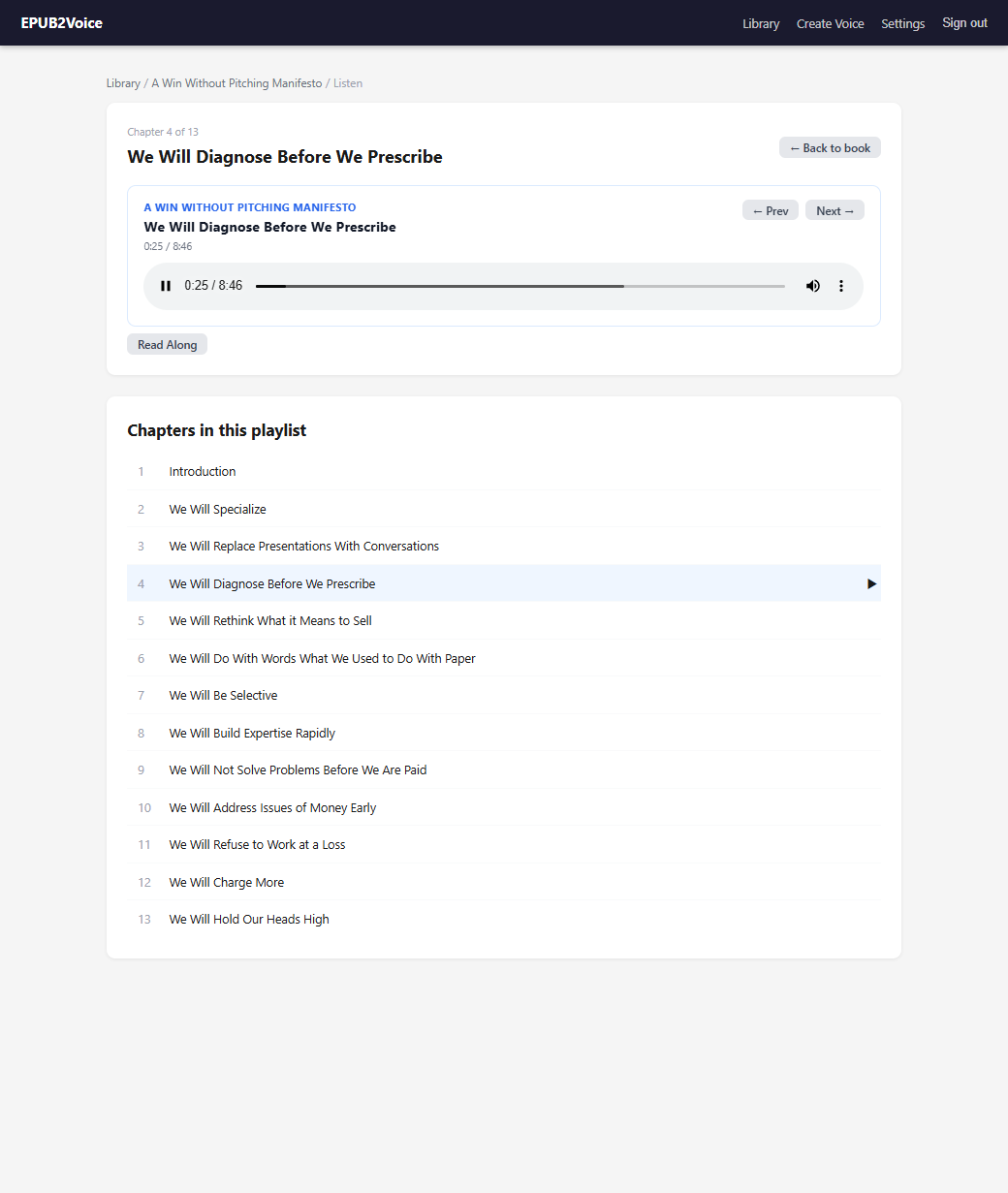 The listening view: a player with elapsed and total time, a Read Along button, and the full chapter list with the current chapter highlighted