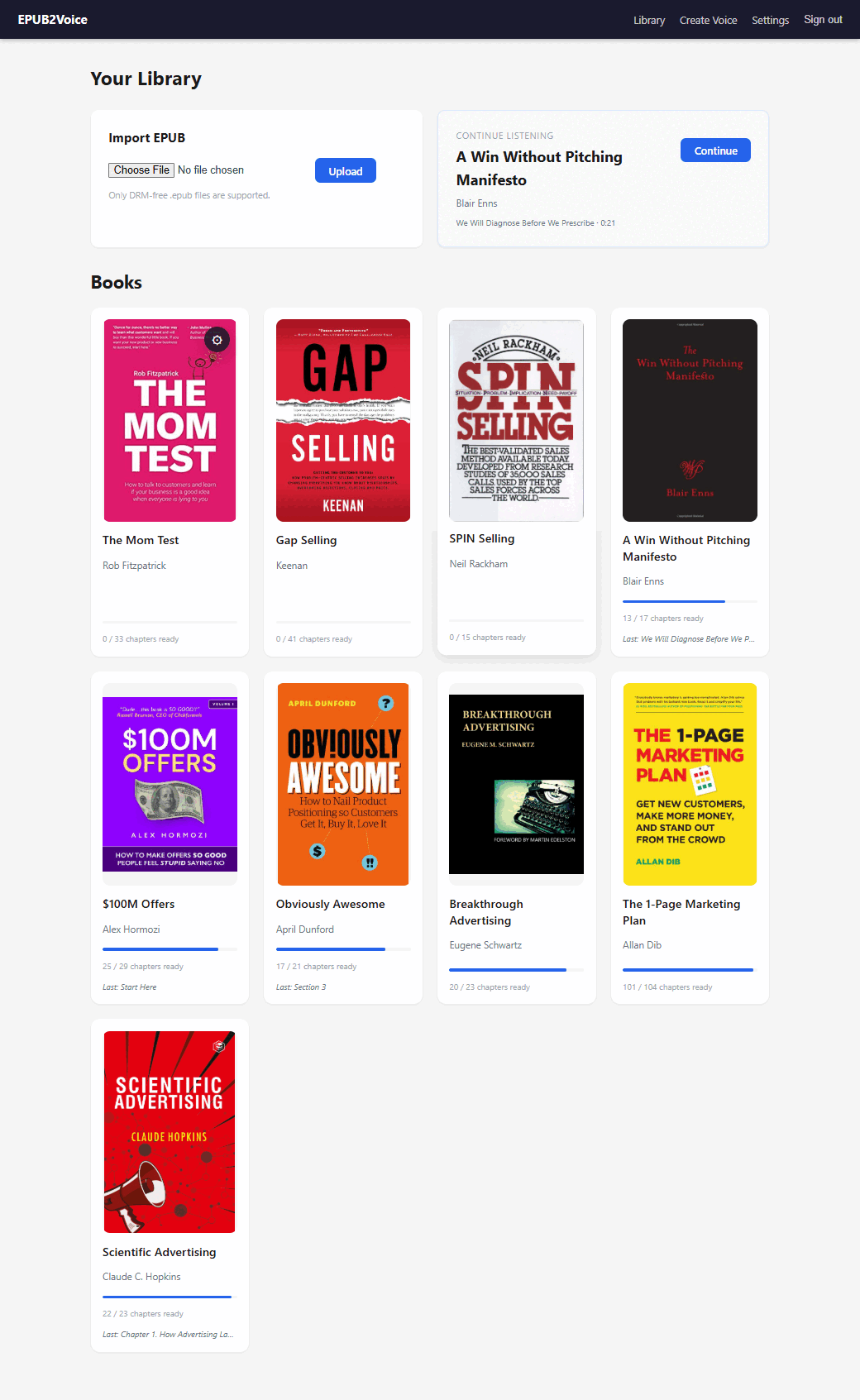 The EPUB2Voice library: a grid of imported books, each with its cover, author, and a progress bar showing how many chapters have been narrated