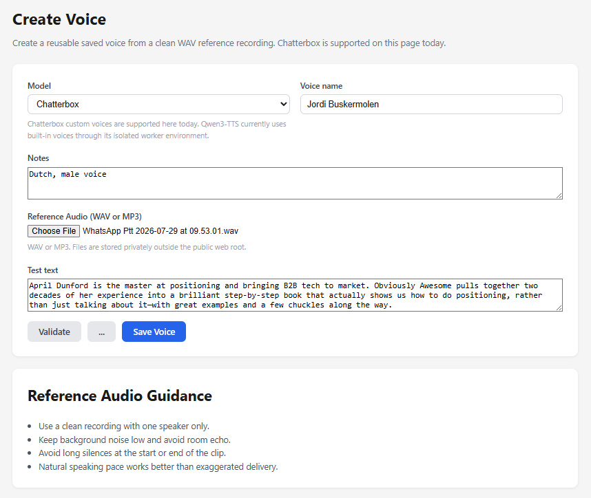 The Create Voice screen: a model picker set to Chatterbox, a voice name, a reference audio file, and a test-text box for previewing the cloned voice