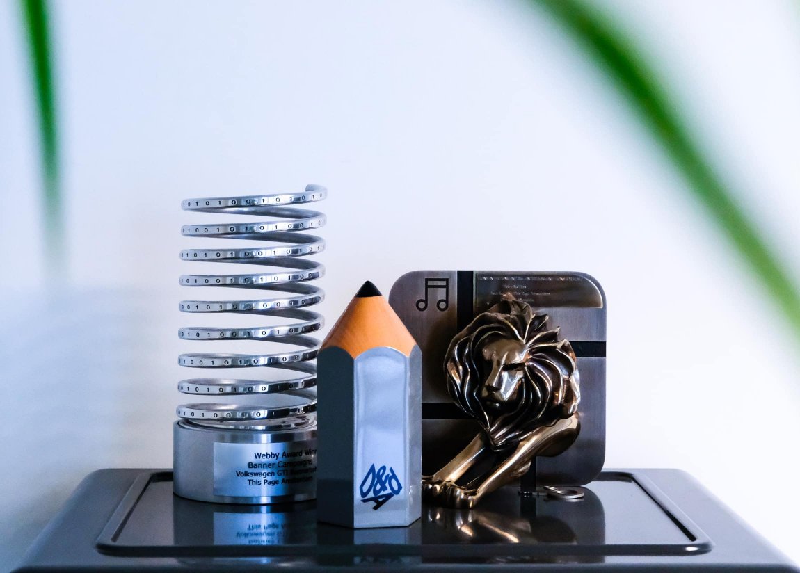 The Webby, D&AD Pencil and Cannes Lion trophies together on a desk